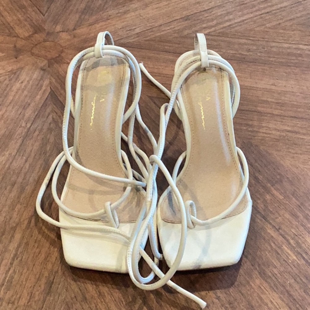 Cream Strappy Heels with Square-Toe Design